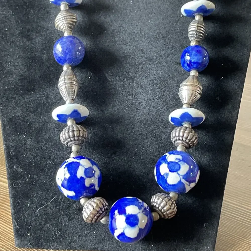 Vintage Hand Painted Chinese Porcelain Bead And Silver Beads Necklace
